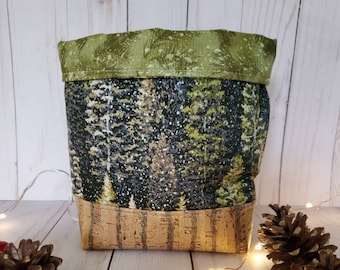 winter fabric basket, cork and fabric bin, winter decor, Christmas hostess gift, evergreen cork basket, Adirondack fabric bin , cork basket