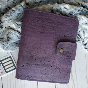 deluxe A5 planner cover, A5 journal cover, purple cork journal cover, cousin planner cover, planner cover with pockets and snap tab