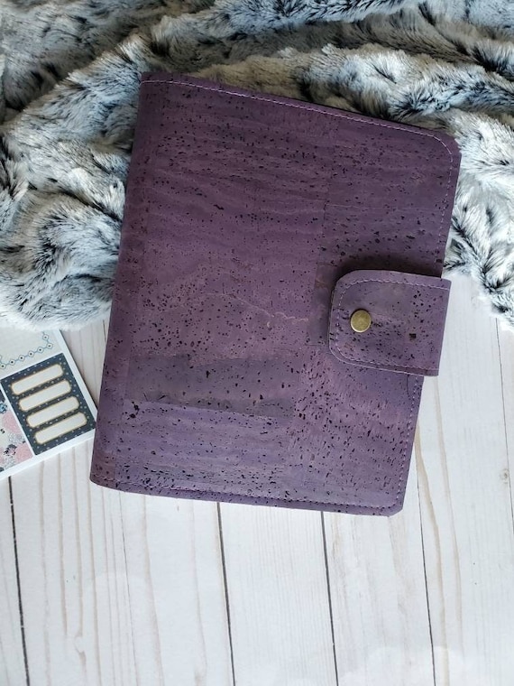 deluxe A5 planner cover, A5 journal cover, purple cork journal cover, cousin planner cover, planner cover with pockets and snap tab