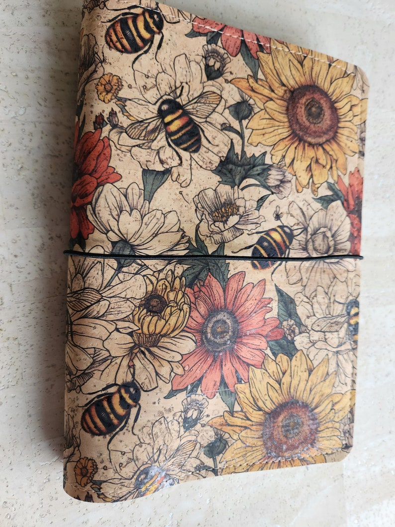 A5 cork planner cover, folio cousin cover, vegan planner cover, sunflower and bee cover sustainable accessories, gift for planner lover image 8