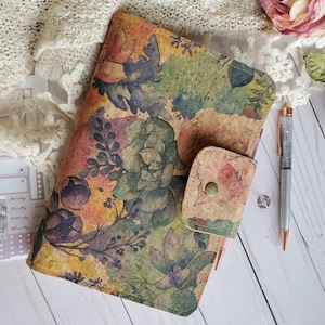 deluxe A5, A6 or B6 planner cover, journal cover, floral cork journal cover, cousin planner cover, planner cover with pockets and snap tab