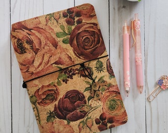 cork travel journal, vegan journal, dot grid journal, teacher appreciation gift, traveler gift, A5 journal cover, roses tn, faudori