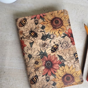 A5 cork planner cover, folio cousin cover, vegan planner cover, sunflower and bee cover sustainable accessories, gift for planner lover image 2