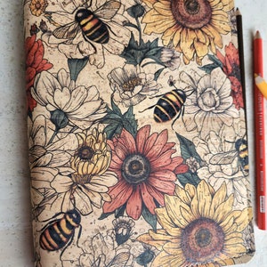 A5 cork planner cover, folio cousin cover, vegan planner cover, sunflower and bee cover sustainable accessories, gift for planner lover image 3