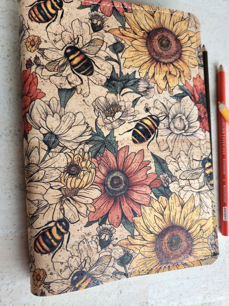 A5 cork planner cover, folio cousin cover, vegan planner cover, sunflower and bee cover sustainable accessories, gift for planner lover image 3