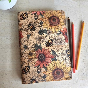 A5 cork planner cover, folio cousin cover, vegan planner cover, sunflower and bee cover sustainable accessories, gift for planner lover image 1