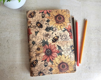 A5 cork planner cover, folio cousin cover, vegan planner cover,  sunflower and bee cover sustainable accessories, gift for planner lover