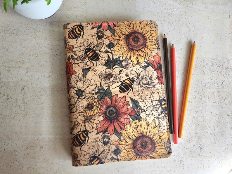 A5 cork planner cover, folio cousin cover, vegan planner cover, sunflower and bee cover sustainable accessories, gift for planner lover image 1