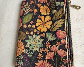 cork wallet insert for travel notebook, vegan accessories, sister gift,  black floral journal wallet insert, portfolio