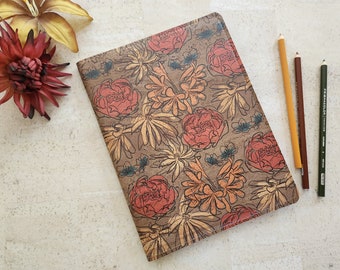 cork leather journal, floral journal, vegan leather journal, for her, mom gift, sister gift, vegan gift ideas, journal lover gift, journal