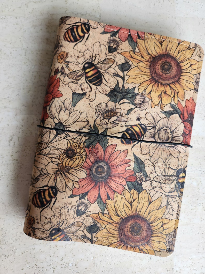 A5 cork planner cover, folio cousin cover, vegan planner cover, sunflower and bee cover sustainable accessories, gift for planner lover image 6