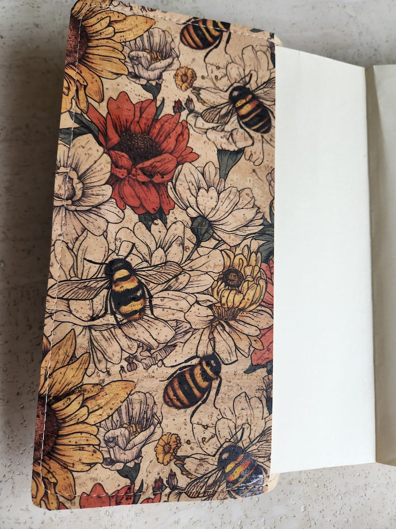 A5 cork planner cover, folio cousin cover, vegan planner cover, sunflower and bee cover sustainable accessories, gift for planner lover image 7