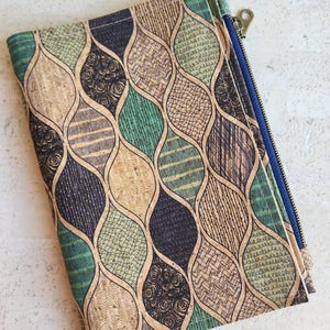 Puede incluir: Una cartera de corcho con un patrón repetido de diseños interconectados en forma de lágrima en tonos beige, verde y azul marino. La cartera tiene una cremallera azul y un tirador de cremallera metálico.
