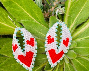 Red and white Valentine heart banner crochet beaded dangle earrings