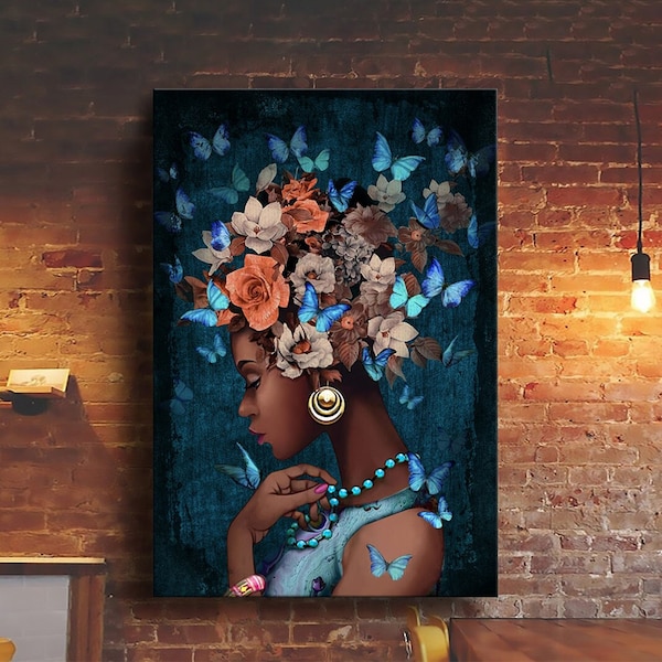 Black Woman Poster Canvas, Flower Head Art, African American Poster, Pot Head Poster, Black Woman Art, Flowers & Blue Butterflies Wall Decor