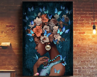 Black Woman Poster Canvas, Flower Head Art, African American Poster, Pot Head Poster, Black Woman Art, Flowers & Blue Butterflies Wall Decor