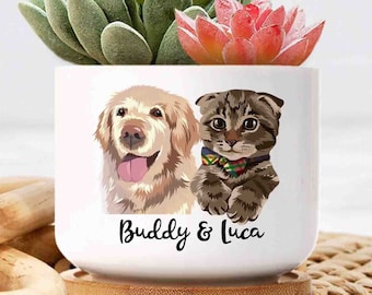 Dog Portrait Gift, Personalized Pet Portrait Ceramic Pot, Custom Pet Photo Plant Pot, Gift For Dog Mom, Gift For Cat Mom, Loss Of Dog Gifts