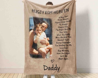 Personalized Memorial Dad Blanket, In Memory Of Photo, Blanket Gift For Loss Of Dad, Sympathy Blankets, Hugs From Heaven Blanket, Xmas Gift