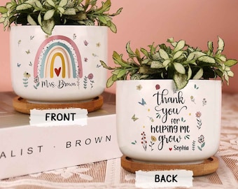 Personalized Thank You Gift For Teacher, Teacher Appreciation Gifts, Teacher Rainbow Ceramic Pot, Thank You For Helping Me Grow  Plant Pot