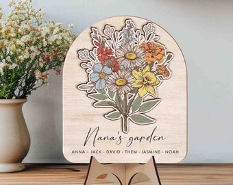 Personalized Mothers Day Gift For Grandma From Grandkids, Birth Month Flowers Nana Garden Desk Sign, Custom Grandma With Kids Name Wood Sign