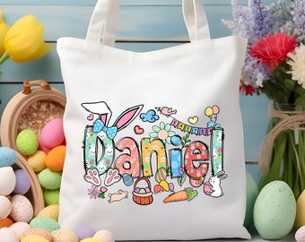 Custom Kids Name Easter Bunny Bag, Personalized Easter Tote Bag, Girls Easter Day Gift, Easter With Name Tote Bag, Kids Easter Basket Gift