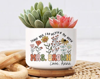 Personalized Teacher Name Plant Pot, Thank You Gift For Teacher, Teacher Appreciation Gifts, Thank You For Helping Me Grow Wildflower Pot