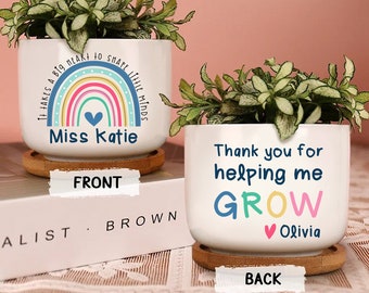 Personalized Teacher Appreciation Gift,Thank You Gift For Teacher, Rainbow Thank You Teacher Name Ceramic Pot, Custom Teacher Name Plant Pot