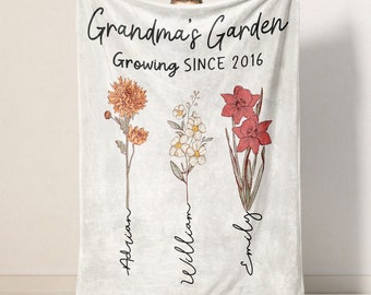 Mothers Day Gift for Grandma, Custom Grandma's Garden Blanket, Custom Birth Flower Blanket With Grandkids Names, Personalized Grandma Gift