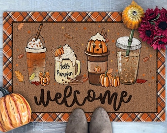 Fall Coffee Doormat, Fall Doormat, Halloween Pumpkin Spice Orange Plaid Rug, Halloween Doormat, Fall Welcome Mat, Fall Decor, Hello Pumpkin