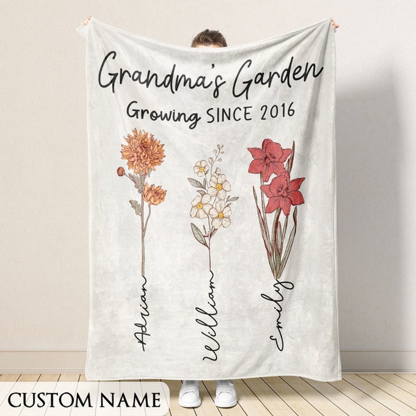 Mothers Day Gift for Grandma, Custom Grandma's Garden Blanket, Custom Birth Flower Blanket With Grandkids Names, Personalized Grandma Gift