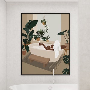 Black Woman Drinking Wine In Bathtub Canvas, Black Woman Wall Decor, Black Woman Art, African Woman Art, Bathroom Wall Decor, Boho Poster