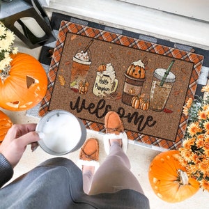 Fall Coffee Doormat, Fall Doormat, Halloween Pumpkin Spice Orange Plaid Rug, Halloween Doormat, Fall Welcome Mat, Fall Decor, Hello Pumpkin image 3