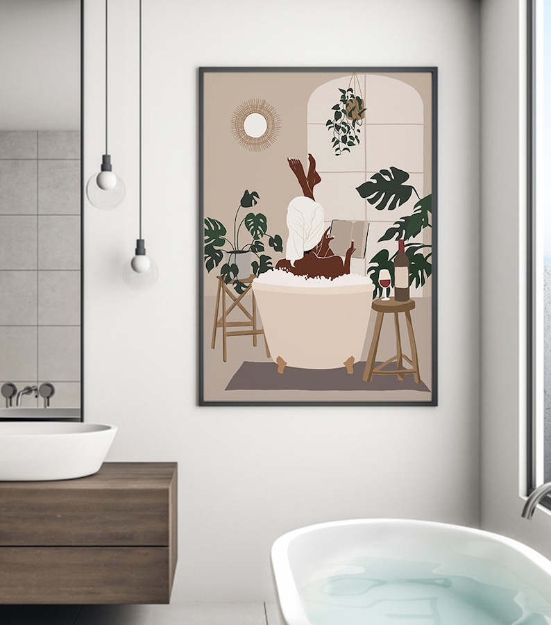 Black Woman Read Book In Bathtub Poster Canvas, Modern Black Girl Poster, Black Woman Art, African Woman Art, Bathroom Wall Decor, Boho Art image 1