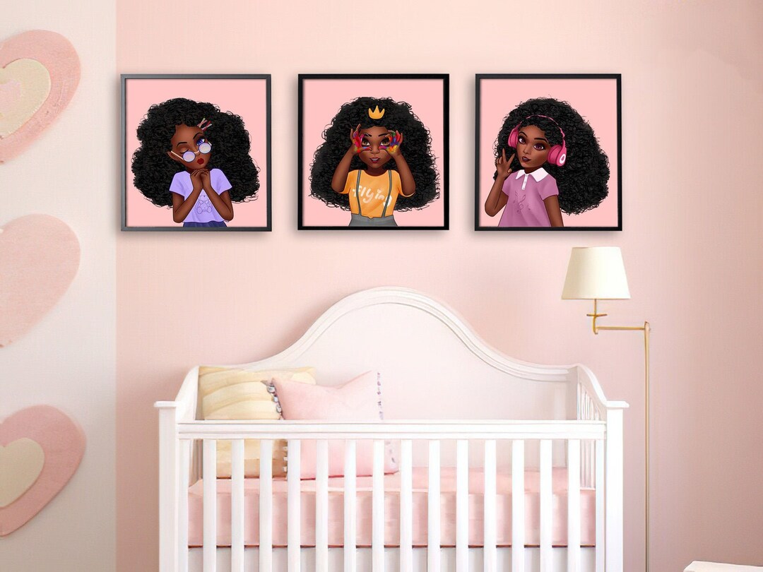 African American Girl Poster Canvas, Set of 3 Prints, Afro Girl Wall