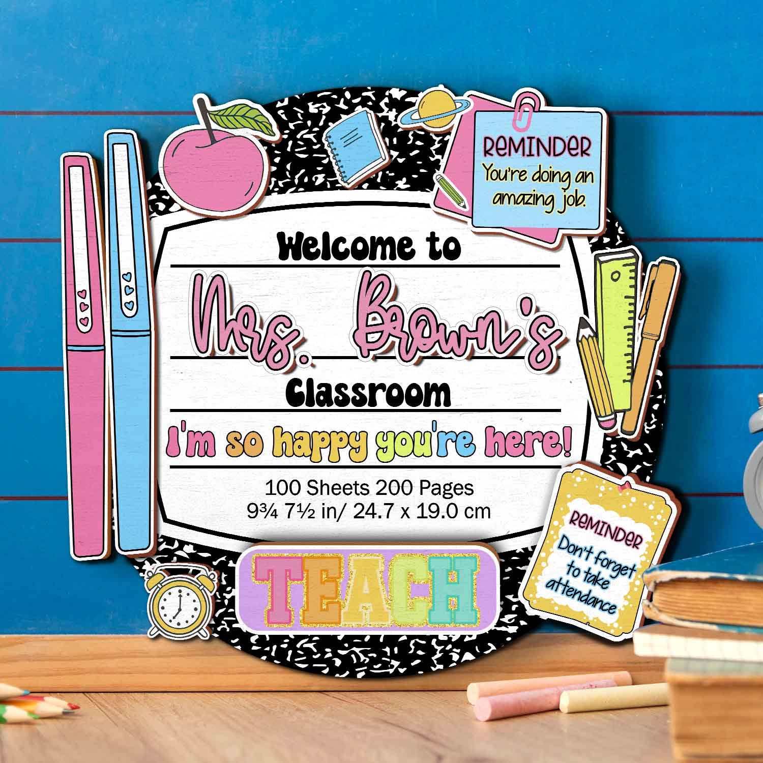 Personalized Teacher Back To School Gift, Custom Composition Notebook Teacher Name Door Sign, Classroom Door Decor, Teacher Welcome Sign