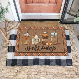 Fall Coffee Doormat, Fall Doormat, Halloween Pumpkin Spice Orange Plaid Rug, Halloween Doormat, Fall Welcome Mat, Fall Decor, Hello Pumpkin image 4