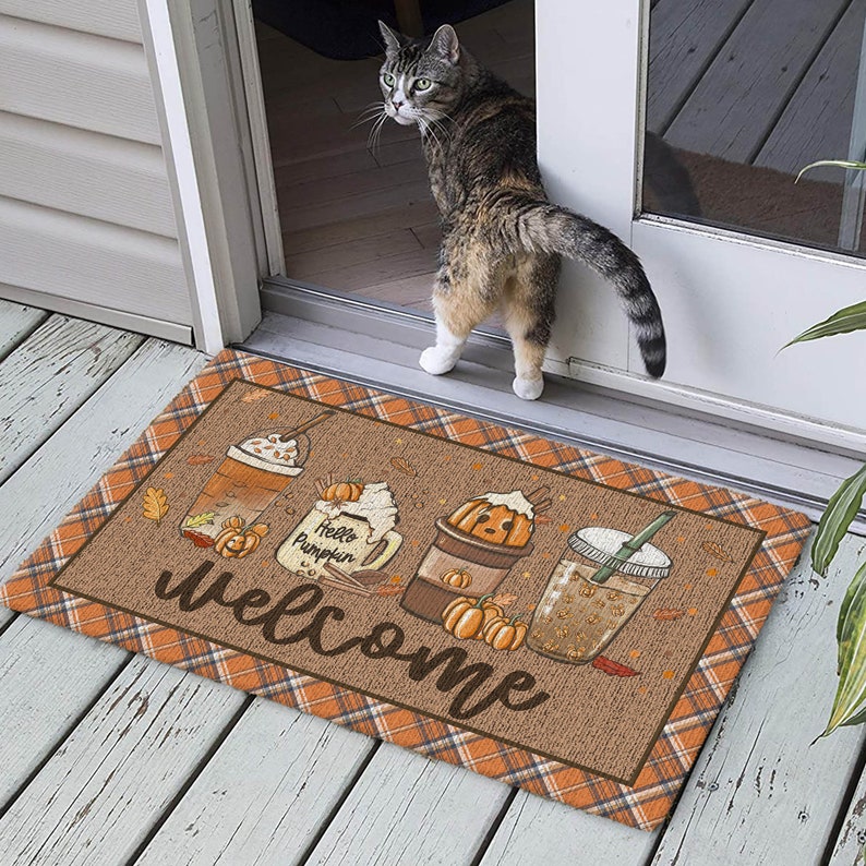 Fall Coffee Doormat, Fall Doormat, Halloween Pumpkin Spice Orange Plaid Rug, Halloween Doormat, Fall Welcome Mat, Fall Decor, Hello Pumpkin image 9