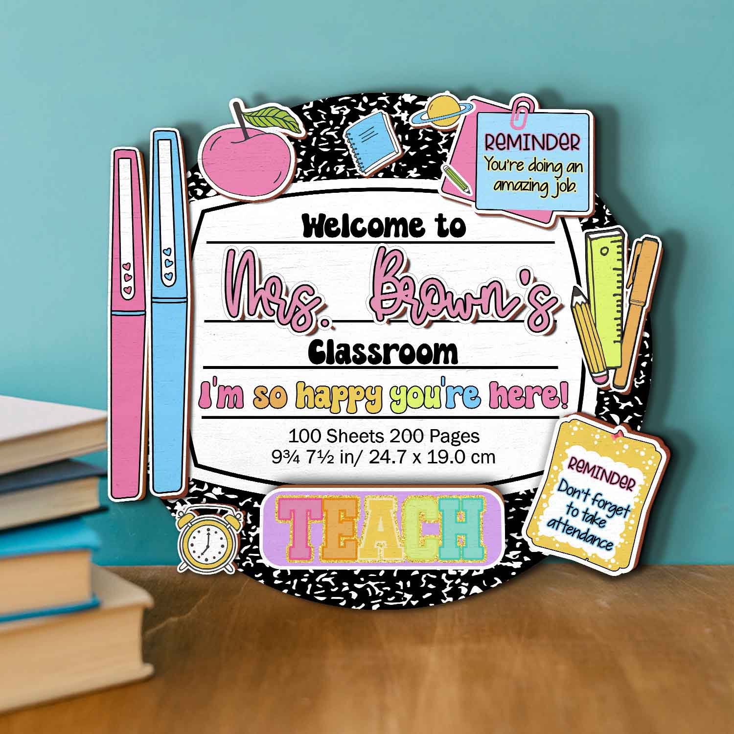 Personalized Teacher Back To School Gift, Custom Composition Notebook Teacher Name Door Sign, Classroom Door Decor, Teacher Welcome Sign