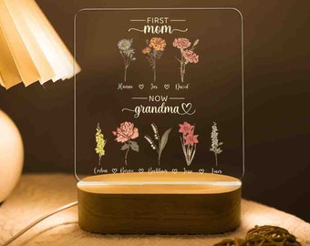 Personalized Birthday Flower Lamp, First Mom Now Grandma 3D Lamp, Gift For Mom, Mothers Day Gift For Grandma, Grandma With Kids Name Gifts