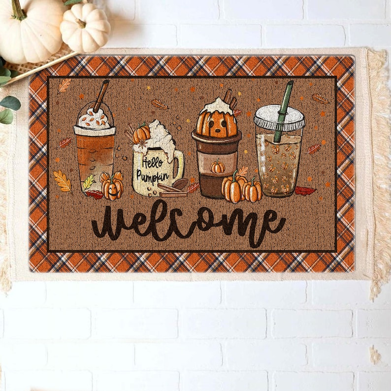 Fall Coffee Doormat, Fall Doormat, Halloween Pumpkin Spice Orange Plaid Rug, Halloween Doormat, Fall Welcome Mat, Fall Decor, Hello Pumpkin image 5