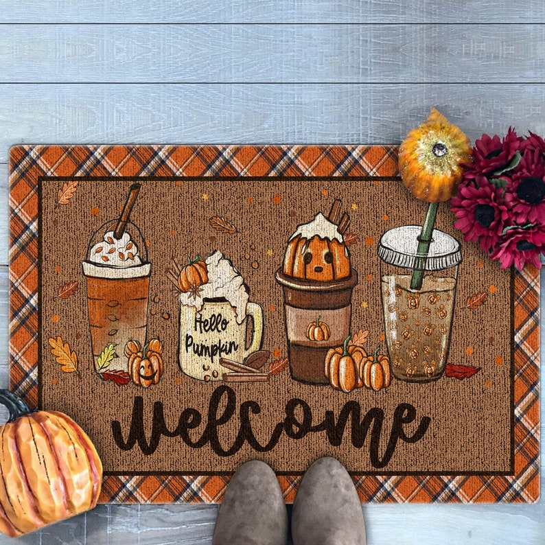 Fall Coffee Doormat, Fall Doormat, Halloween Pumpkin Spice Orange Plaid Rug, Halloween Doormat, Fall Welcome Mat, Fall Decor, Hello Pumpkin image 1