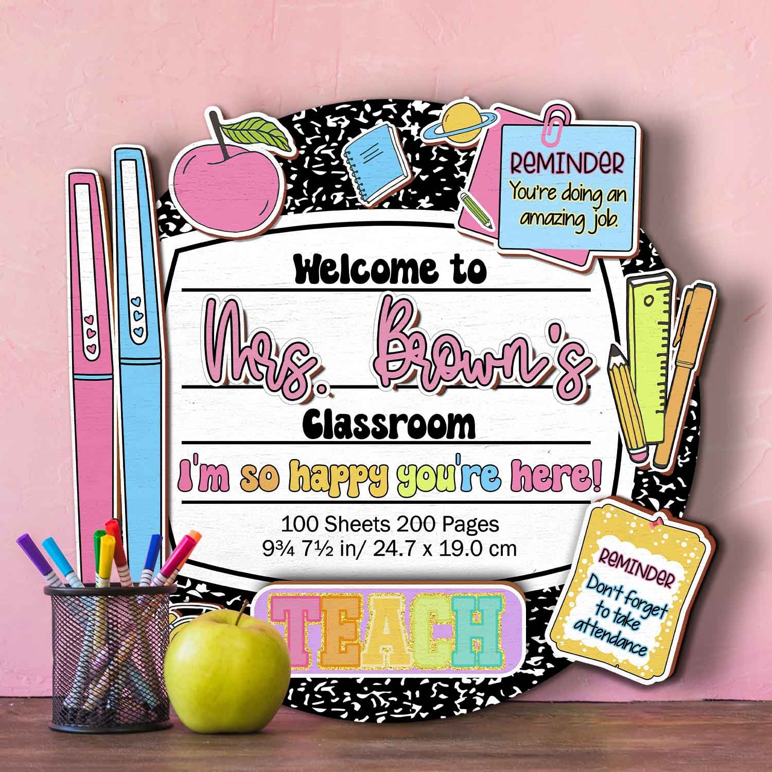 Personalized Teacher Back To School Gift, Custom Composition Notebook Teacher Name Door Sign, Classroom Door Decor, Teacher Welcome Sign