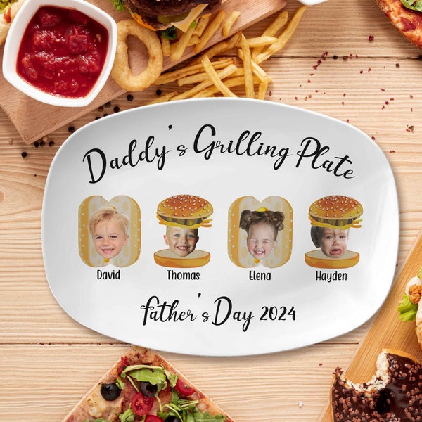 Fathers Day Gifts, Custom Kids Photo Daddy Grill Platter, Gift For Dad From Kids, Grilling Plate Papa With Kids Names, Papa Platter Gifts