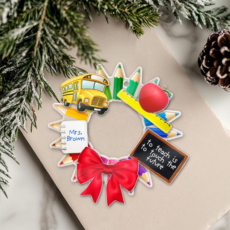 Personalized Teacher Christmas Ornament, Custom Name Teacher Crayon