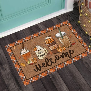 Fall Coffee Doormat, Fall Doormat, Halloween Pumpkin Spice Orange Plaid Rug, Halloween Doormat, Fall Welcome Mat, Fall Decor, Hello Pumpkin image 6
