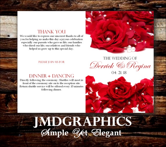 Red Rose Pearl Design New Classical Wedding Program Template Etsy