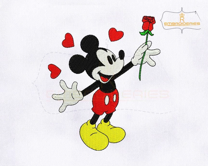 Mickey Mouse With Flower Embroidery Design 4x4 Hoop Etsy
