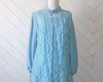 Down the Rabbit Hole | Vintage 1960's 2 Piece Empire Waist Robins Egg Blue Dress with Lace Vest | S M