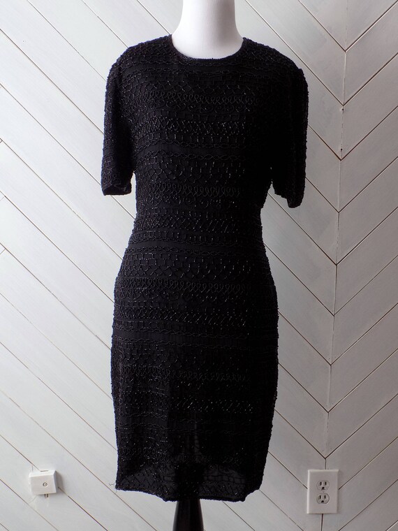 Blacked Beaded Silk | Vintage 1980's Beaded Silk Scala Dress | S