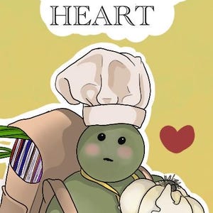 May include: Illustration of a green chef character holding a large white vegetable, wearing a chef's hat and apron. Text reads: "WHEN THE RECIPE SAYS MEASURE WITH YOUR HEART."